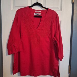 Edward Woman Irish Linen Embroidered Blouse 1X Red Popover‎ Holiday Boho